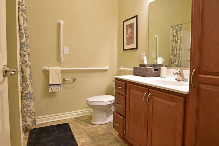 A well-organized bathroom featuring a toilet, sink with cabinetry, mirror, and safety grab bar.