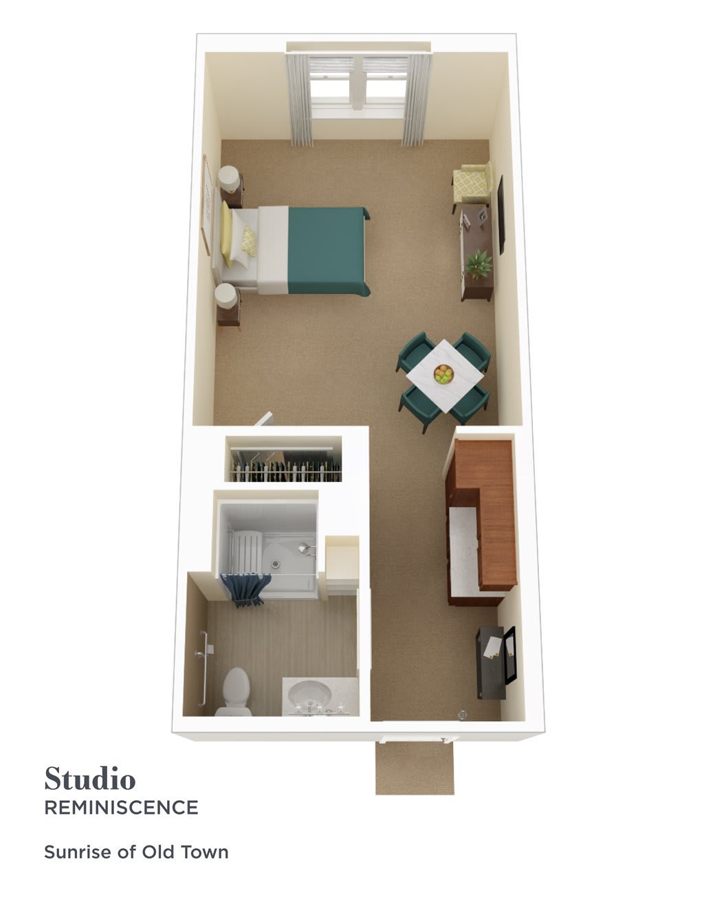 3D floor plan of a studio apartment with a bedroom, kitchen, and bathroom.
