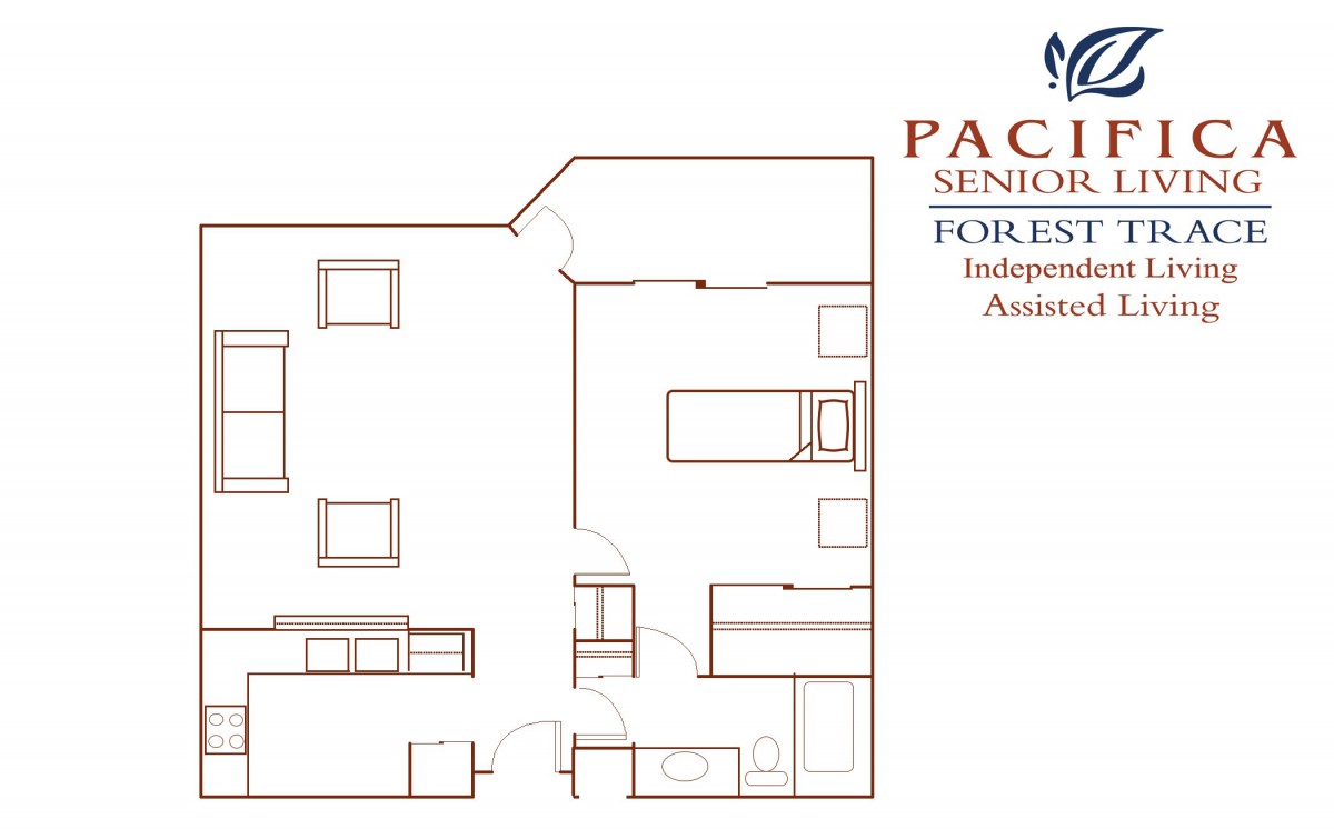 A floor plan of a senior living apartment, highlighting the layout and room arrangement.