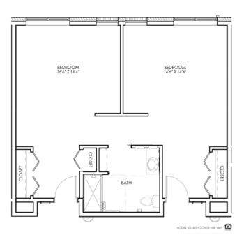 Floor plan of an office layout with two sections and a central entryway.