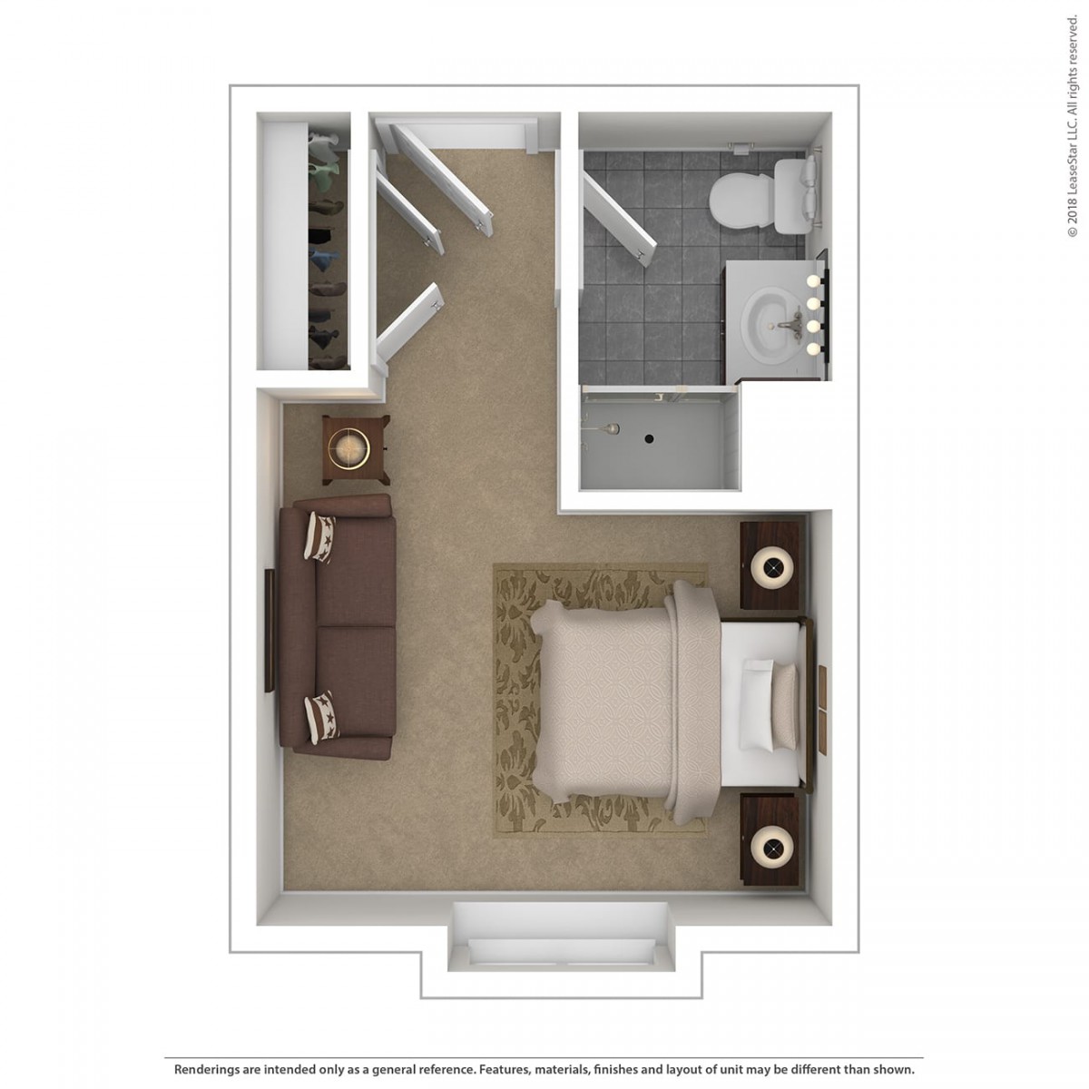 A floor plan featuring a bedroom with an attached bathroom and closet.