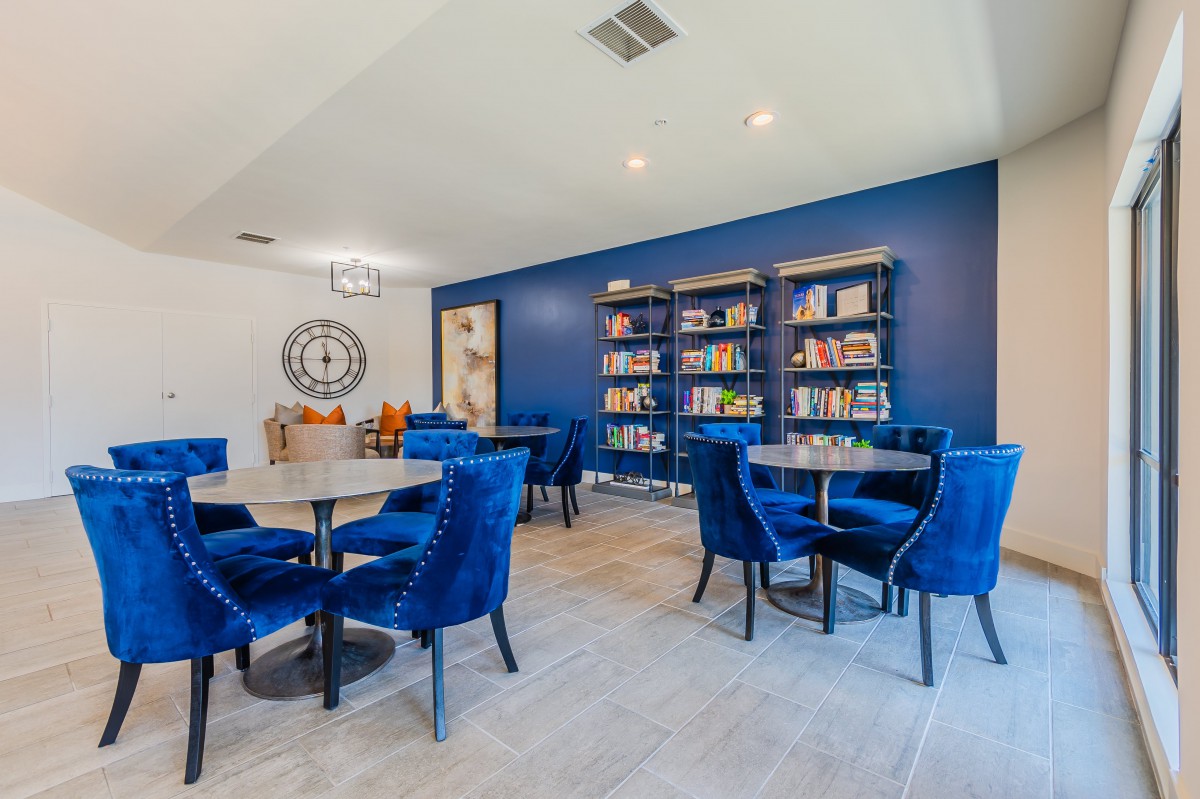 A modern reading room with blue chairs and bookshelves.