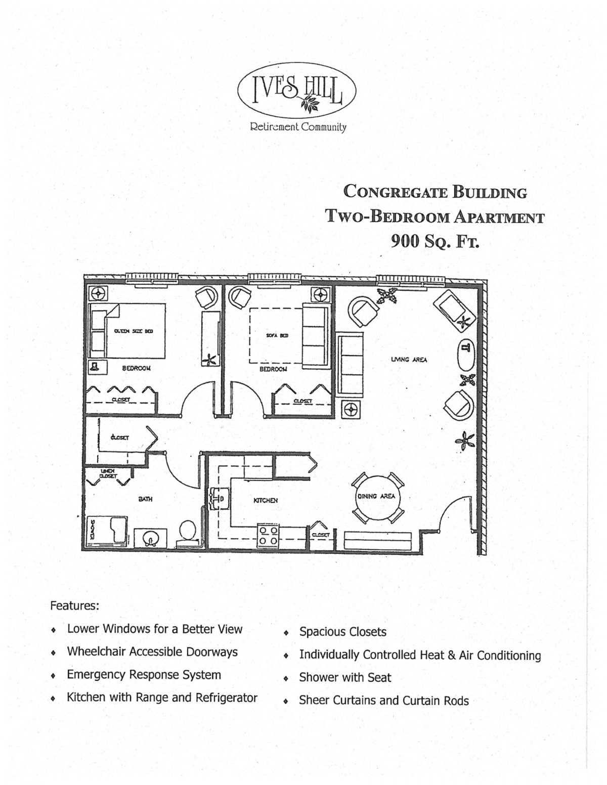 Floor plan of a two-bedroom apartment with specific amenities and features.