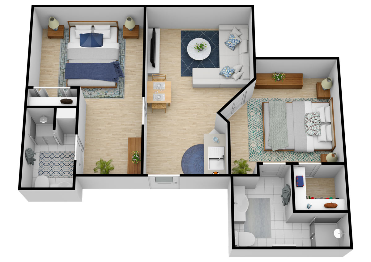 A detailed floor plan of a two-bedroom apartment with a living room, kitchen, and bathroom.