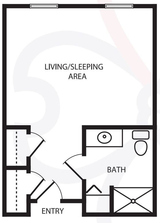 Floor plan of a studio apartment featuring a living/sleeping area and a bathroom.