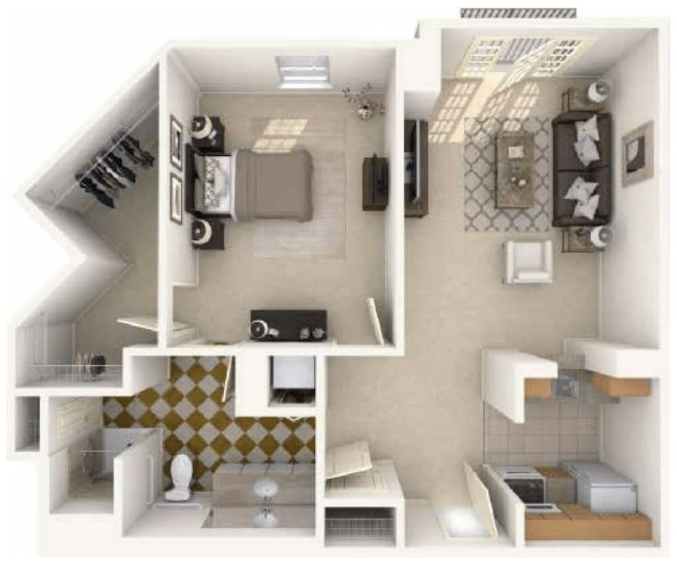 A detailed floor plan of a one-bedroom apartment featuring a living room, kitchen, and bathroom.