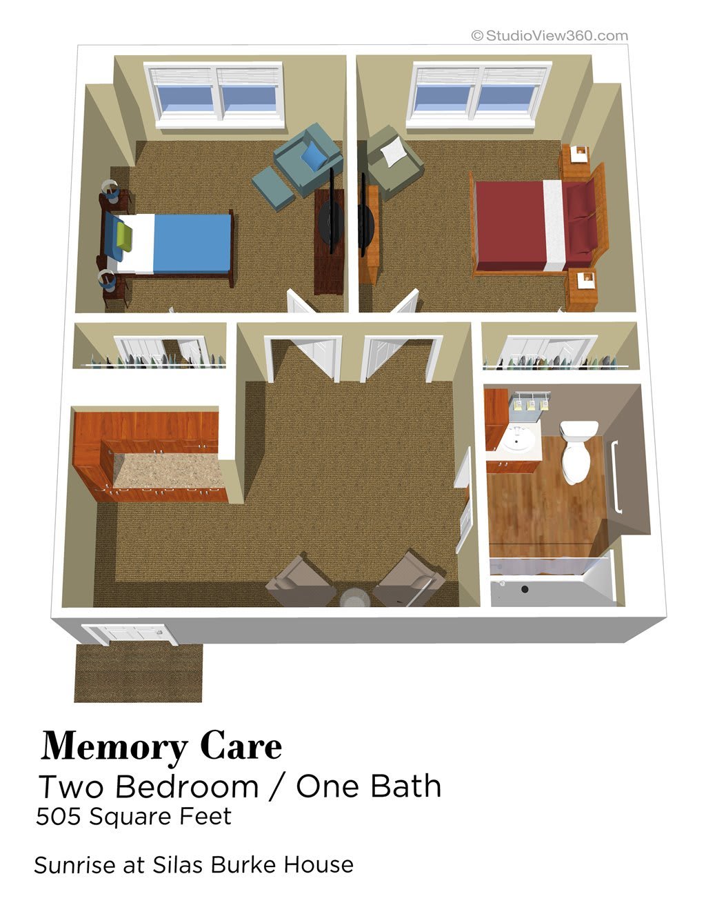 A floor plan of a two-bedroom, one-bathroom apartment designed for memory care.