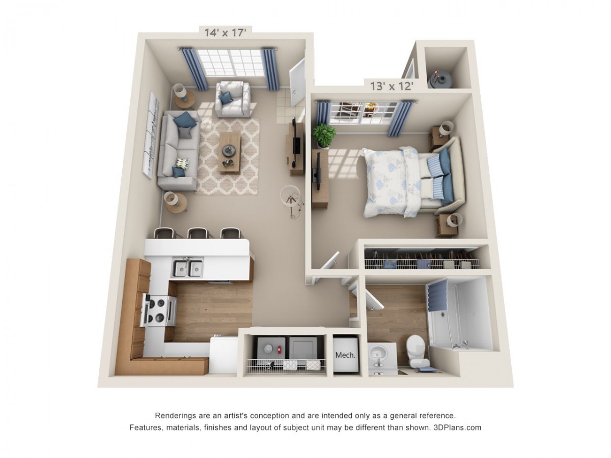 A 3D floor plan of a one-bedroom apartment featuring a kitchen, living room, bathroom, and bedroom.