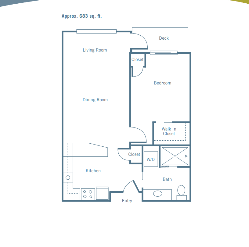 A one-bedroom apartment floor plan with a living room, kitchen, bathroom, and closet space.