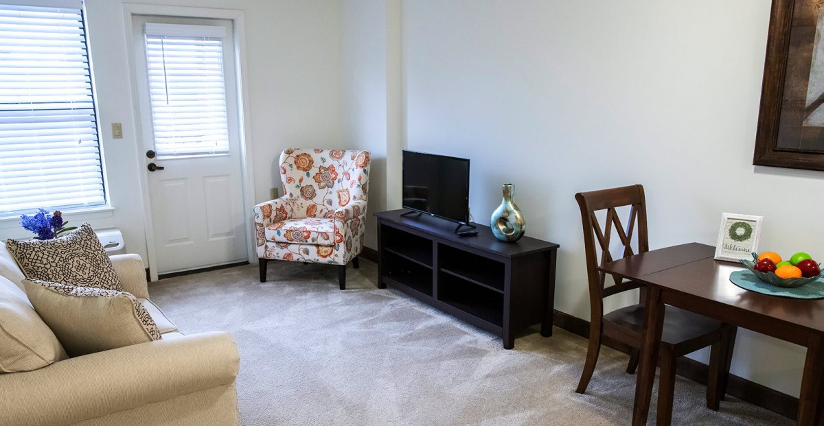 A cozy living room with a floral armchair, a TV on a stand, and elegant decor.