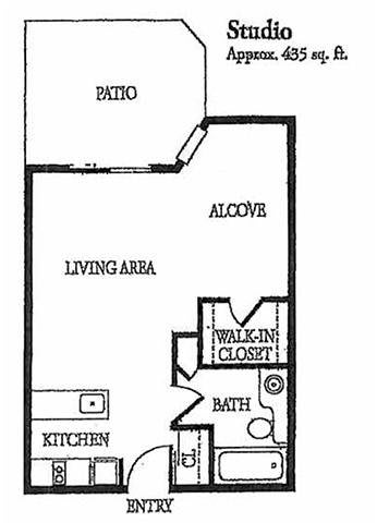 A floor plan of a studio apartment featuring a living area, kitchen, alcove, bath, walk-in closet, and patio.