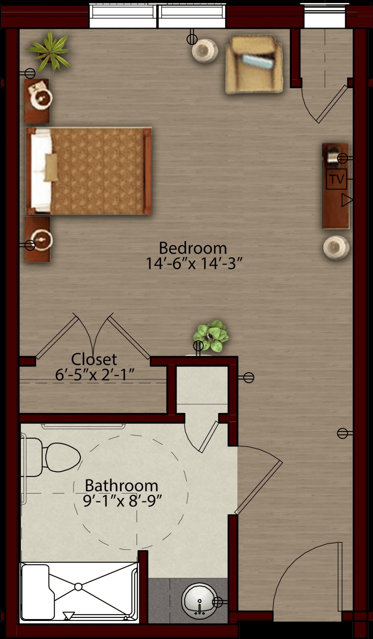 A detailed floor plan featuring a bedroom, closet, and bathroom layout.