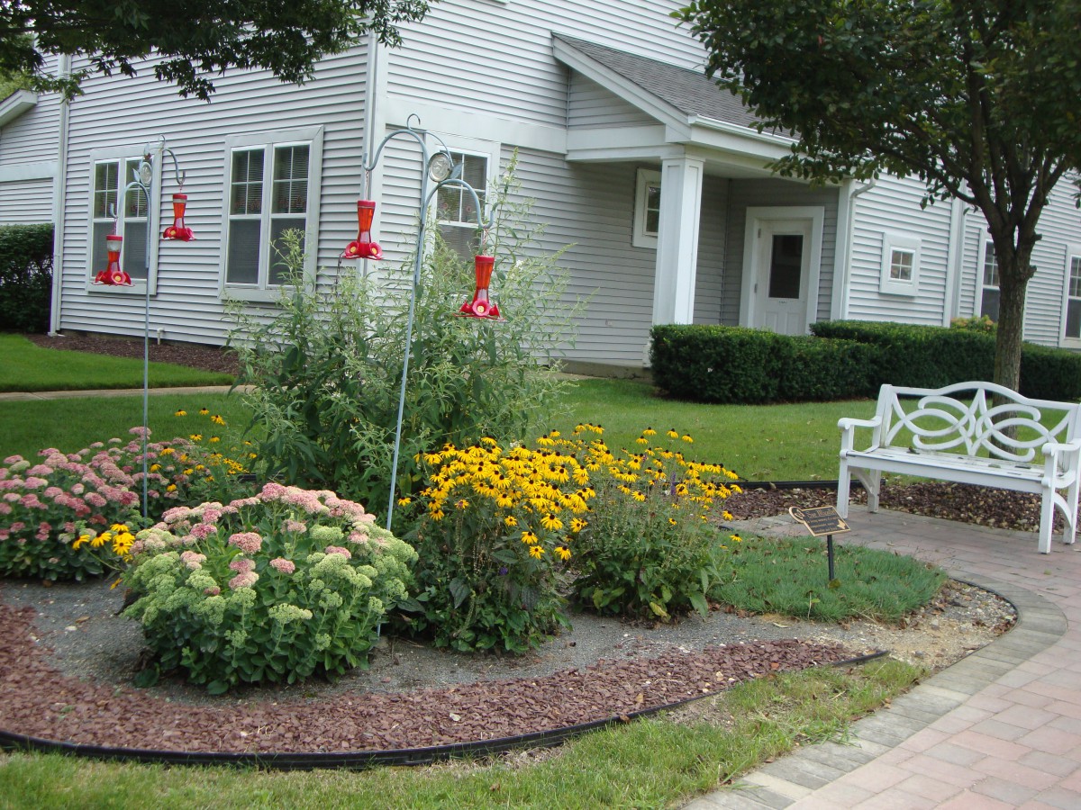 A well-maintained garden with colorful flowers and hummingbird feeders in front of a house.