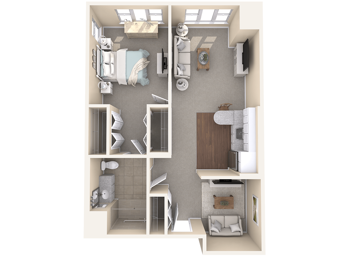 A 3D floor plan of a one-bedroom apartment featuring a bedroom, bathroom, kitchen, and living room.