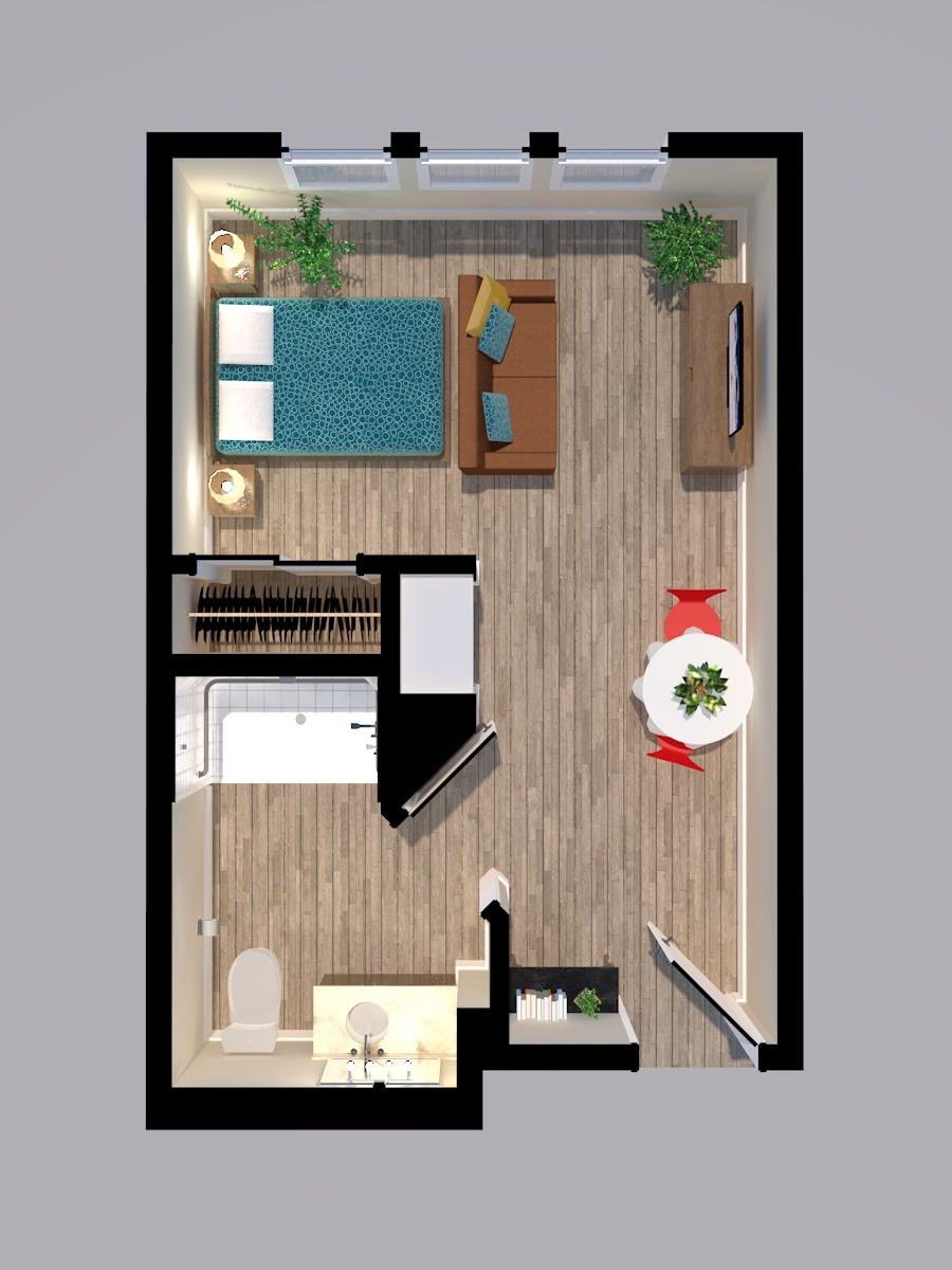 A studio apartment floor plan featuring a combined bedroom and living area, kitchenette, dining space, and bathroom.