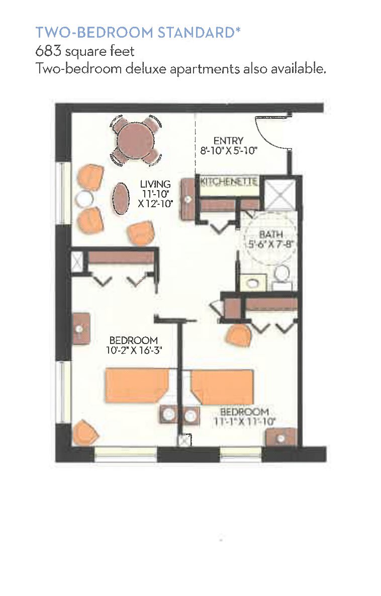 A floor plan of a two-bedroom apartment featuring a living room, kitchen, and bathroom.