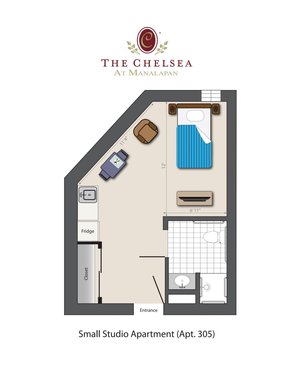Small studio apartment floor plan layout at The Chelsea.