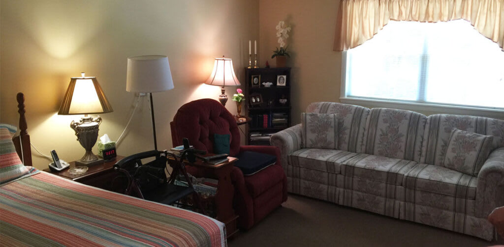 Cozy living room with an armchair, sofa, and a bookshelf.