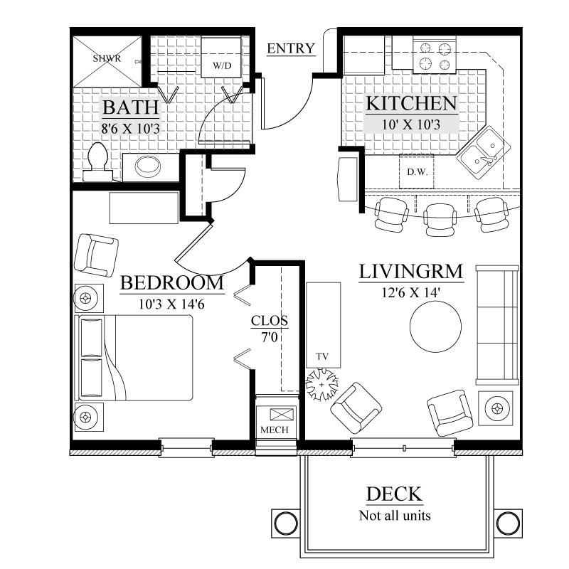 A floor plan of a one-bedroom apartment featuring a kitchen, living room, bathroom, and a deck.