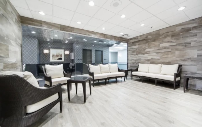 A modern lobby area with comfortable seating and sleek decor.