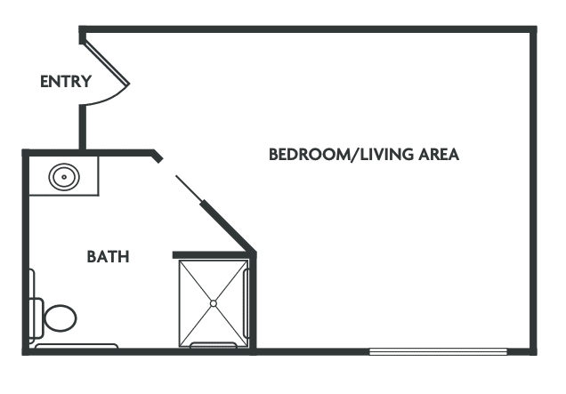 This image depicts the floor plan of a studio apartment, featuring a combined bedroom and living area along with a bathroom.