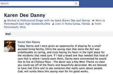 A testimonial shared on social media praising a band for their performance at an assisted living facility.
