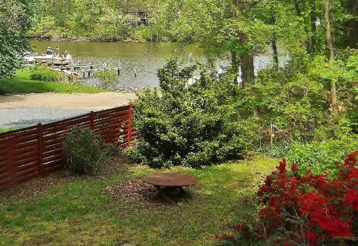 A tranquil garden scene with lush greenery and a serene pond in the background.