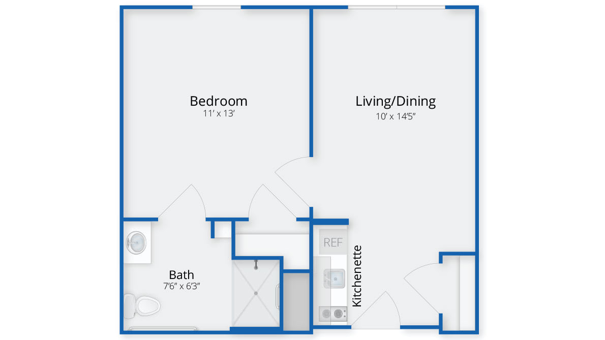A floor plan of a one-bedroom apartment featuring a bathroom, kitchenette, and combined living/dining area.