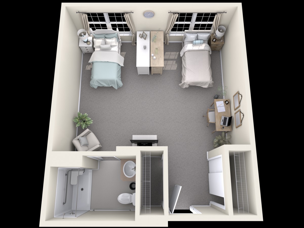 A 3D rendered floor plan of a dorm room featuring two single beds, study desks, and a shared bathroom.