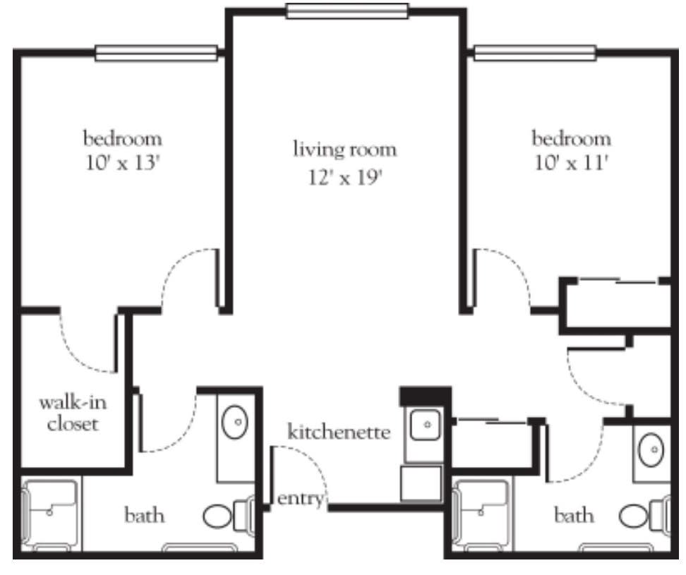 Floor plan of an apartment with two bedrooms, living room, and kitchenette.