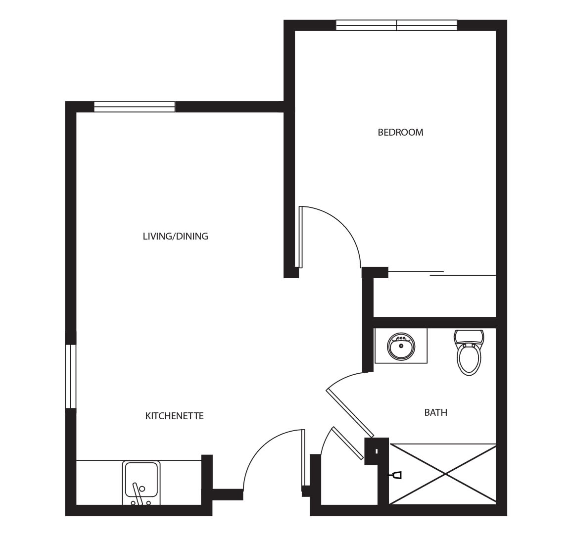 A floor plan of a one-bedroom apartment including a living room, kitchen, bathroom, and bedroom.