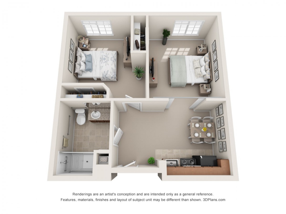 A 3D floor plan of a two-bedroom apartment featuring a living room, kitchen, and bathroom.