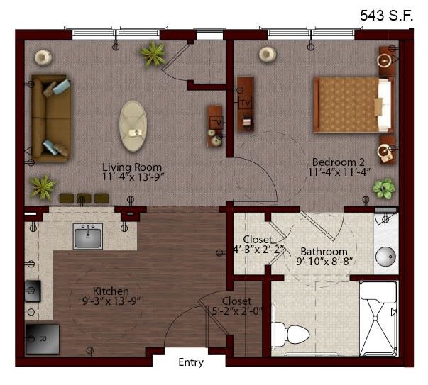 A detailed floor plan of a one-bedroom apartment, including a living room, kitchen, and bathroom.