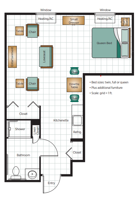 A detailed floor plan of an apartment showing the layout and furniture arrangement.