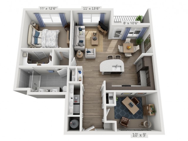 A 3D floor plan of a one-bedroom apartment featuring a living room, kitchen, dining area, bathroom, and balcony.