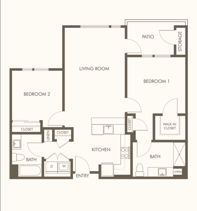 A detailed floor plan of an apartment featuring two bedrooms, a living room, kitchen, and two bathrooms.
