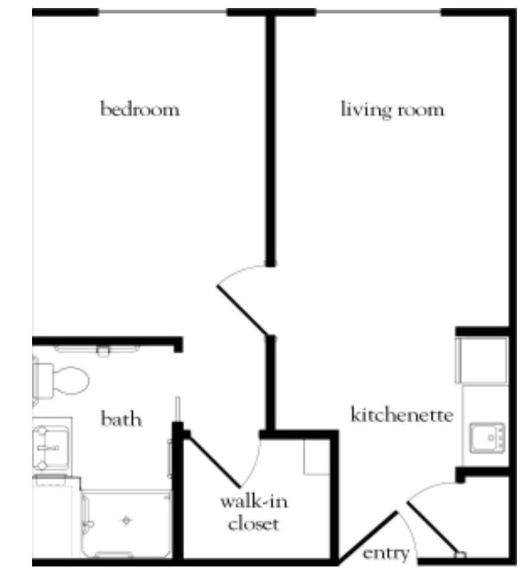 A simple floor plan of an apartment featuring a living room, bedroom, kitchenette, bath, and walk-in closet.