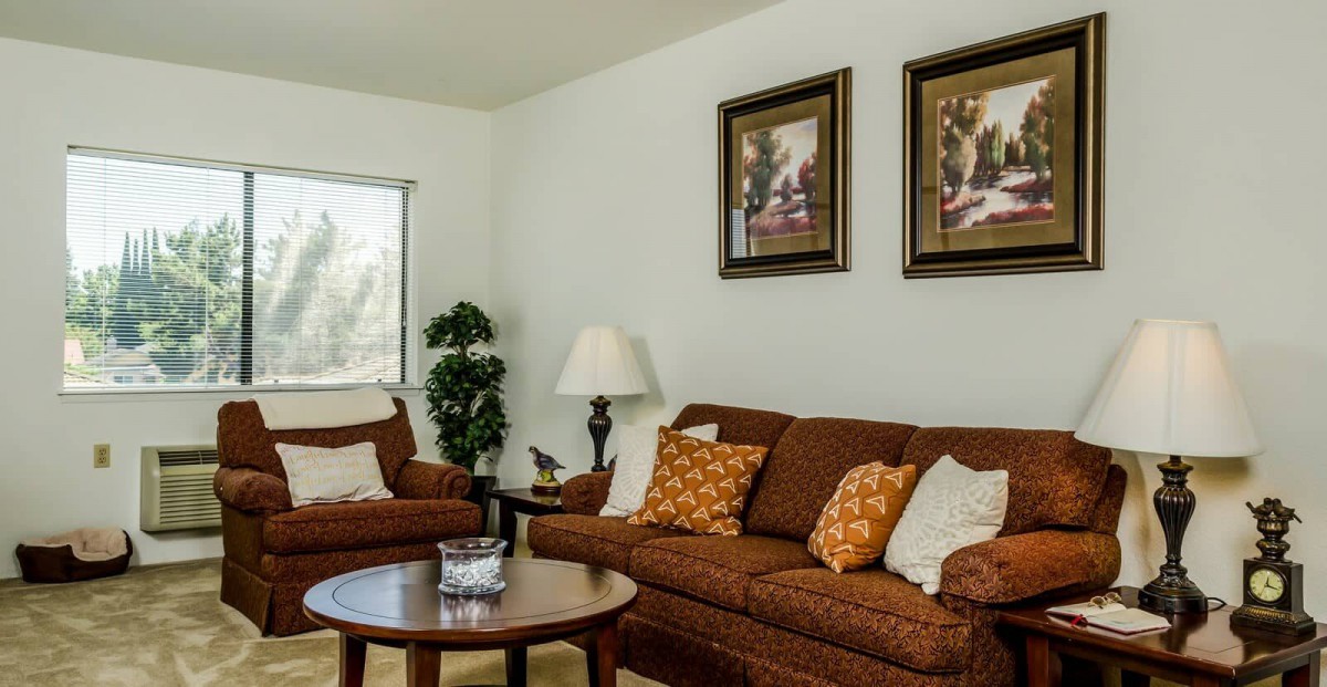 A cozy living room with brown sofas, decorative cushions, and framed paintings on the wall.