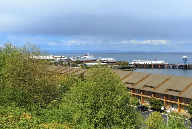 View overlooking a coastal area with buildings, trees, and ocean under a cloudy sky.