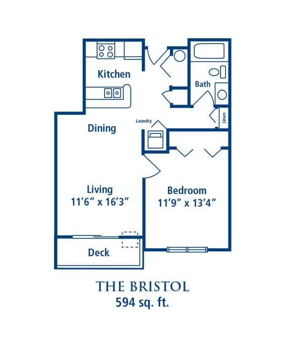 The Bristol: A 594 sq. ft. one-bedroom apartment floor plan.