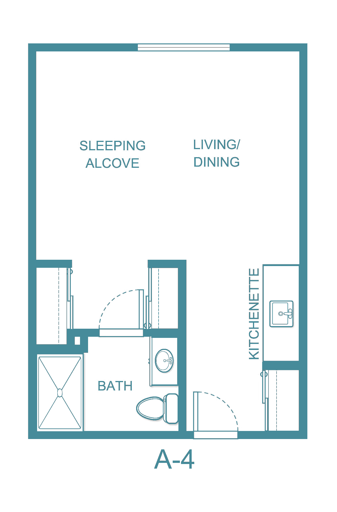A floor plan of a studio apartment featuring a sleeping alcove, living/dining area, kitchenette, and bathroom.