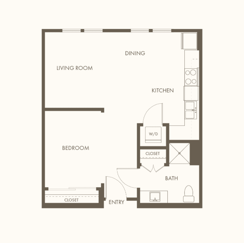 A floor plan of a one-bedroom apartment featuring a living room, kitchen, and bathroom.
