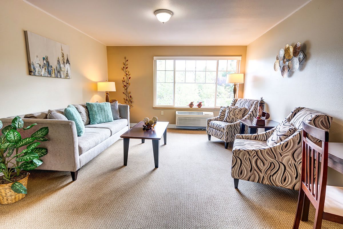 A cozy living room with a sofa, patterned chairs, and a large window letting in natural light.