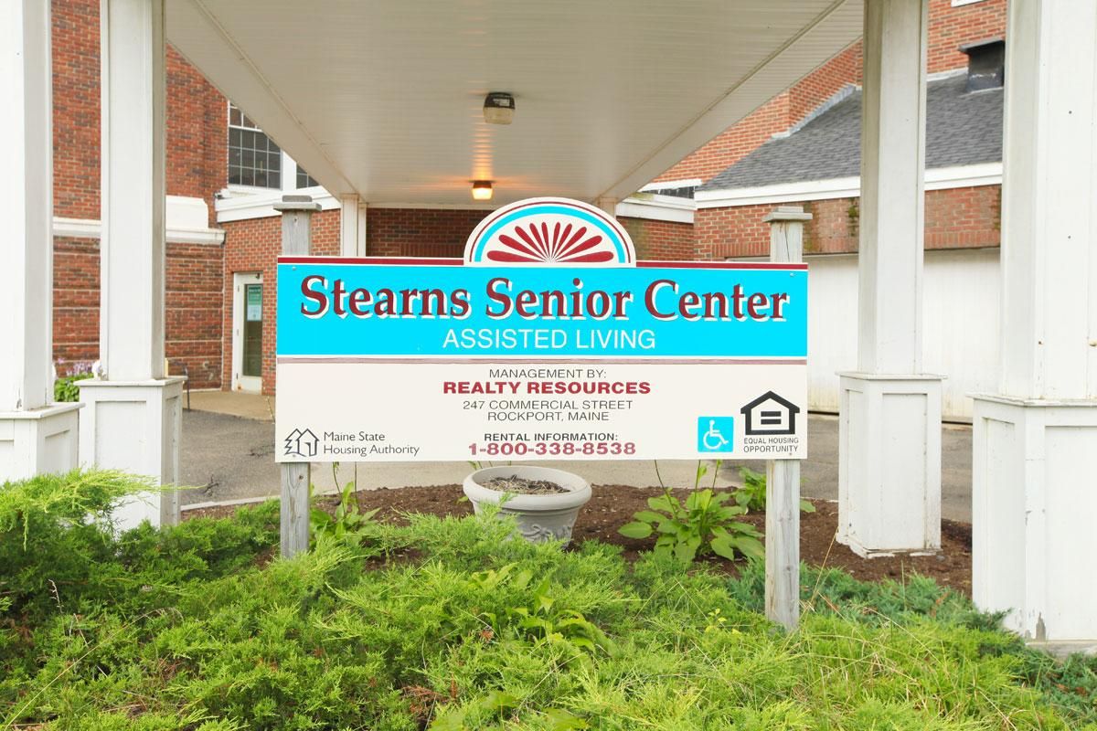 Sign for Stearns Senior Center, an assisted living facility.