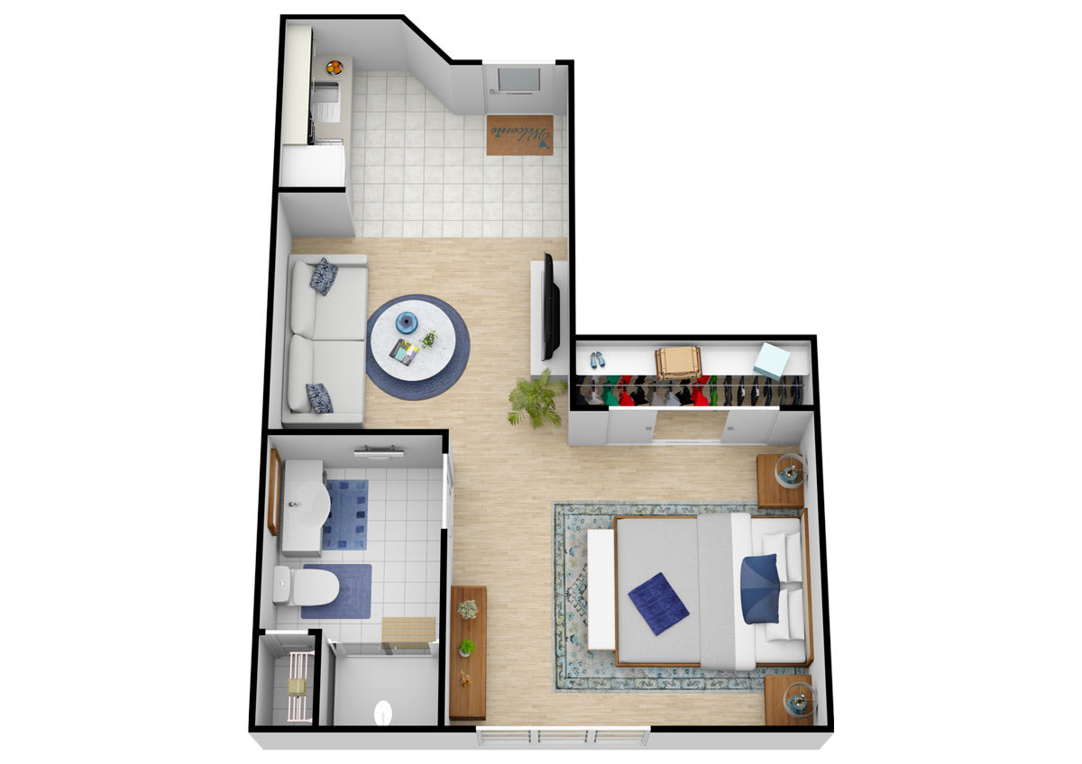 A 3D-rendered floor plan of a one-bedroom apartment featuring a living room, kitchen, bathroom, and bedroom.