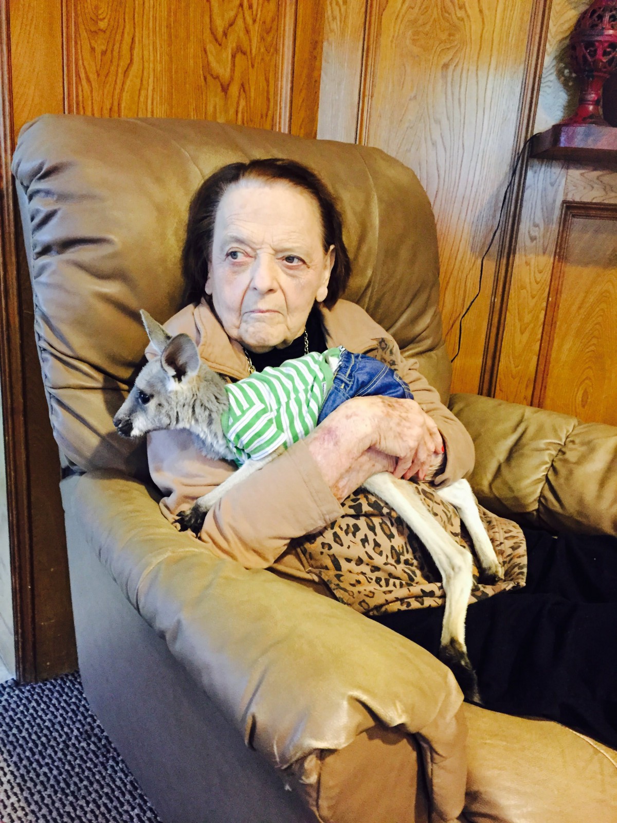 An elderly woman sitting in a chair holding a small dog.