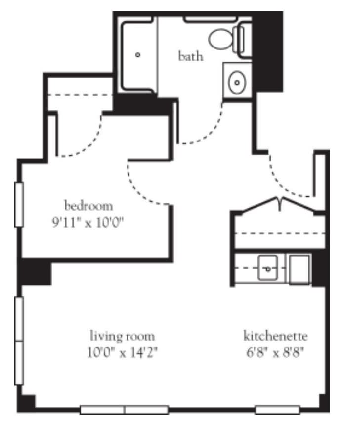 A floor plan of a one-bedroom apartment featuring a living room, kitchenette, and bathroom.