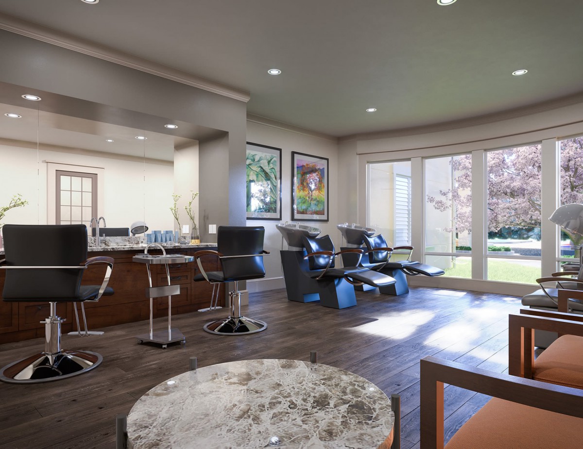 A spacious modern living room interior with stylish furniture and large windows.