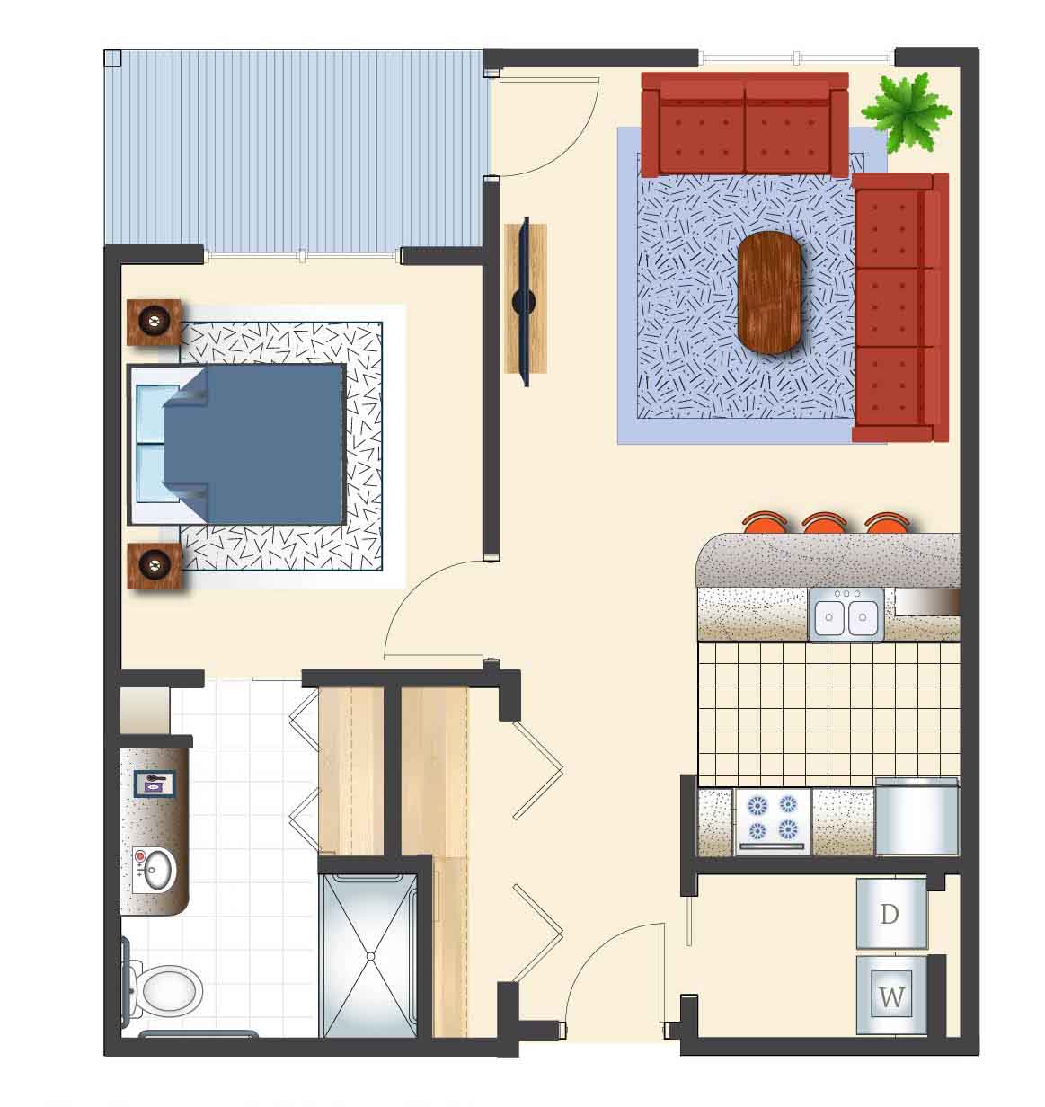 A simple one-bedroom apartment floor plan with a living room, kitchen, and bathroom.