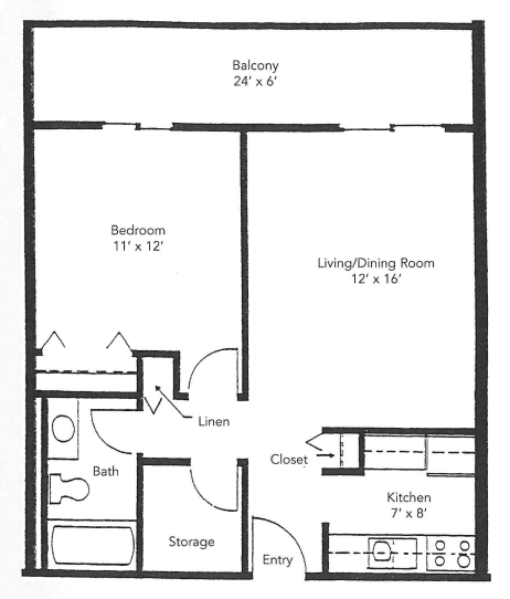 A simple floor plan of a one-bedroom apartment, showing room dimensions and layout.